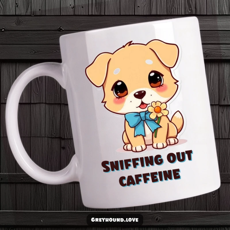 Funny Dog Mug: A sweet dog character with a colorful ribbon around its neck, happily sniffing a vibrant flower with closed eyes.