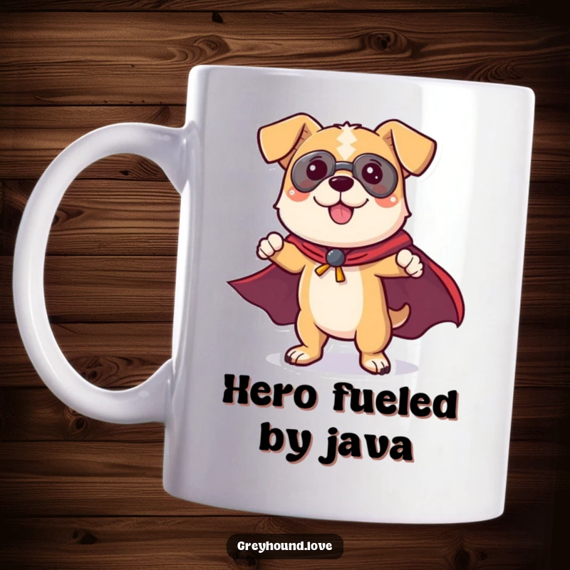 Funny Dog Mug: A playful dog character wearing a small cape strikes a confident superhero pose, ready for adventure and laughs.
