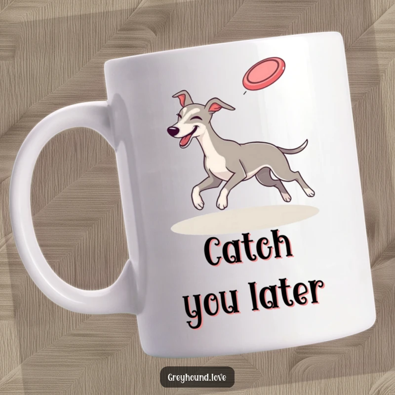 Funny MUG: A greyhound with a playful wink is shown mid-air, brilliantly catching a flying frisbee. Energetic and hilarious.