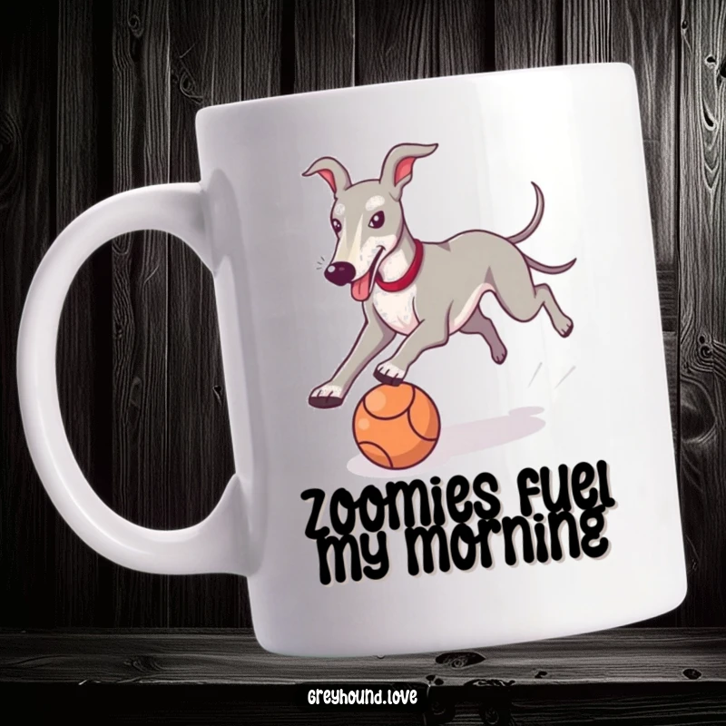 Funny Greyhound Mug featuring a playful dog chasing a ball with a happily wagging tail, perfect for dog enthusiasts.
