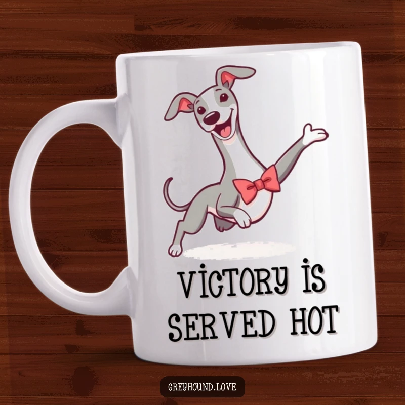 Funny mug featuring a greyhound in a tiny bowtie sliding triumphantly, showcasing its athletic prowess and celebratory spirit.