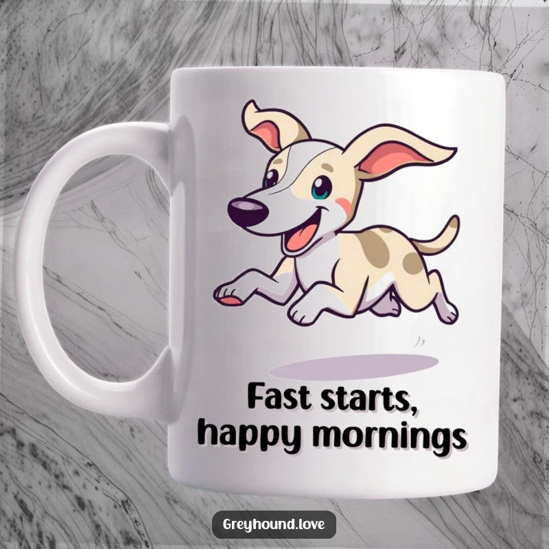 Funny mug featuring a swift greyhound dashing with its ears flying back and a big happy expression, radiating pure joy.