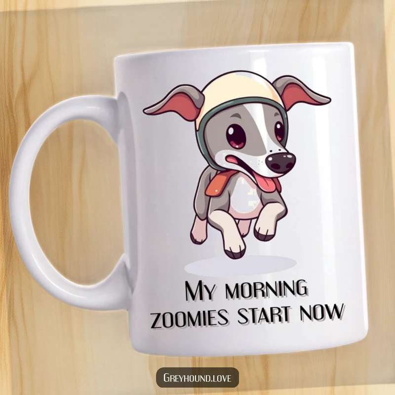 Funny Greyhound Helmet Mug: A cute dog zooms with tongue out, wearing a tiny helmet, bringing speed and humor to your day.
