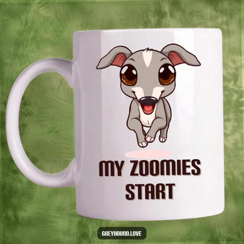 Funny mug featuring a graceful greyhound with huge, expressive eyes running joyfully with abandon, capturing canine happiness.