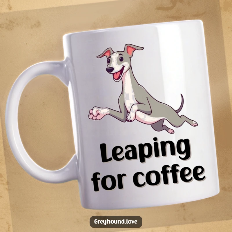 Funny greyhound mug showcasing a sleek dog with comically oversized paws leaping joyfully, capturing pure canine delight.