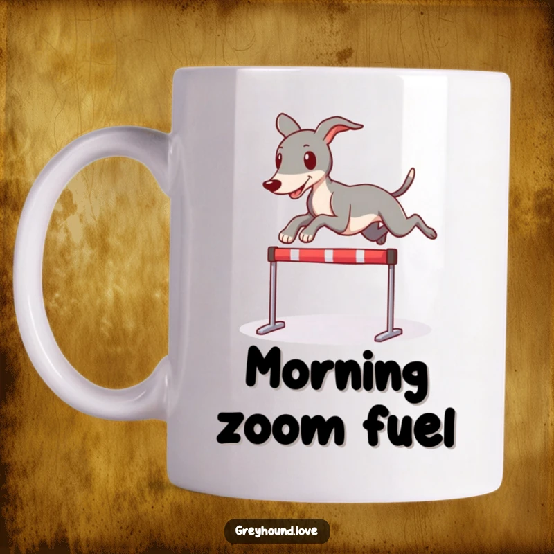 Funny mug with a sleek greyhound character playfully leaping over a miniature hurdle, showcasing agility and humor.