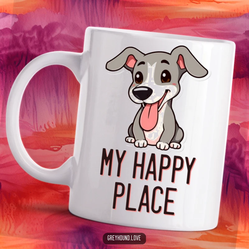 Funny Greyhound Mug: Happy dog panting with one floppy ear raised, showcasing pure joy and a love for canines.