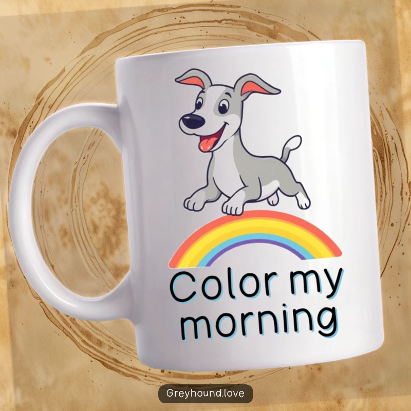 Funny greyhound mug, excited dog leaping over a vibrant rainbow with a big, happy grin.