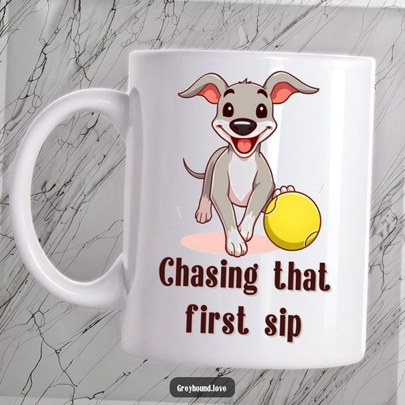 Funny greyhound mug with a comical grin, chasing a tennis ball with enthusiastic determination, capturing playful canine energy.