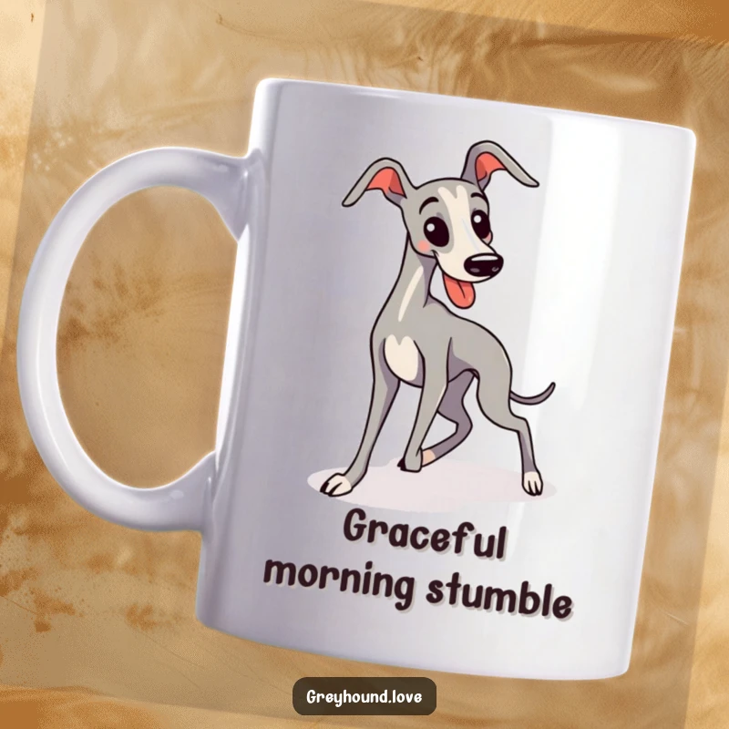 Funny, sleek, kawaii greyhound comically trips over its long legs, showcasing adorable clumsiness, perfect for a humorous dog lover gift.