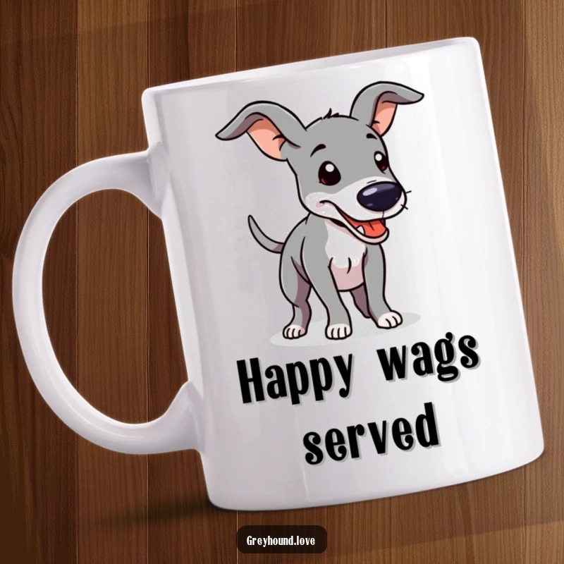 Funny Mug featuring a greyhound with adorable floppy ears wagging its tail with extreme happiness and excitement.