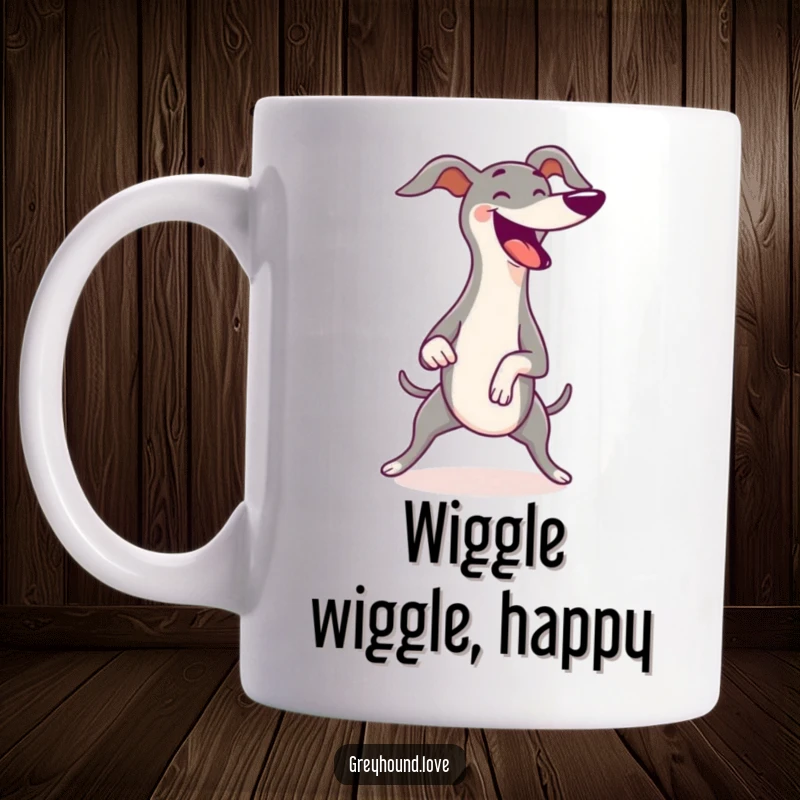 Funny Greyhound Mug showcasing a greyhound wiggling its entire body with pure, unrestrained joy and excitement, radiating happiness.