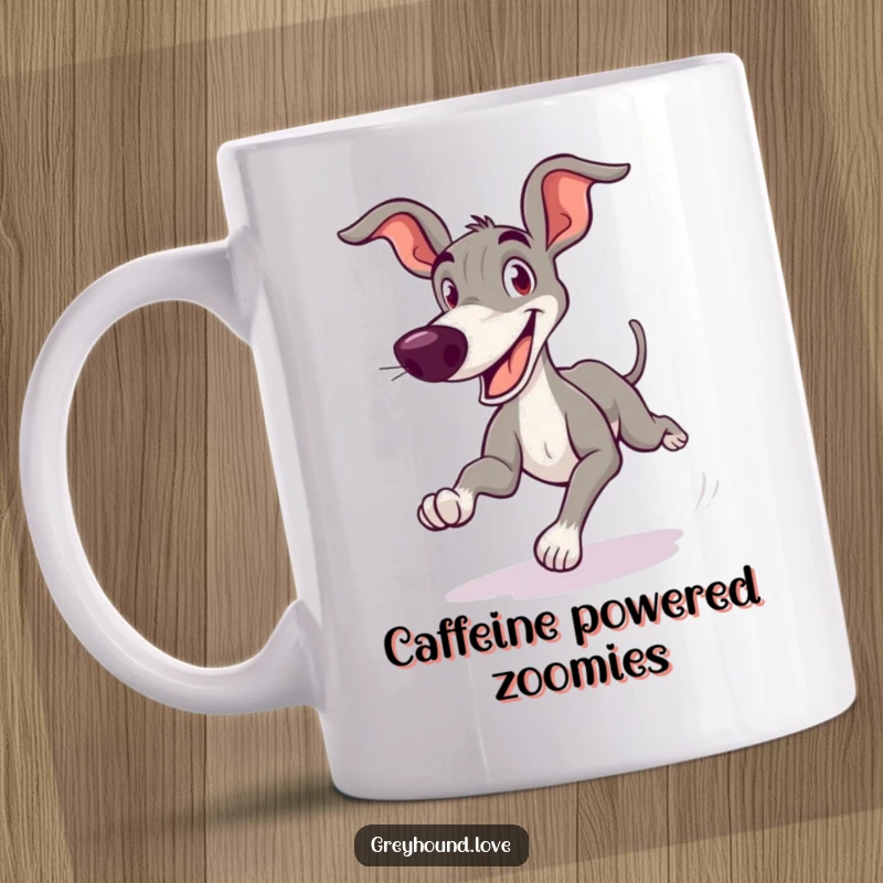 Funny Greyhound Zoom Mug featuring a cartoonish greyhound character speeding across with a wide, goofy grin, full of energy.