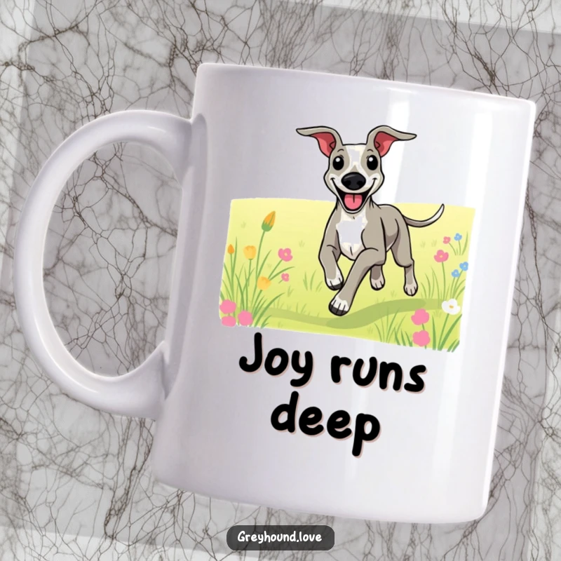 Funny mug showing a greyhound with a huge smile, joyfully running through a vibrant green field.