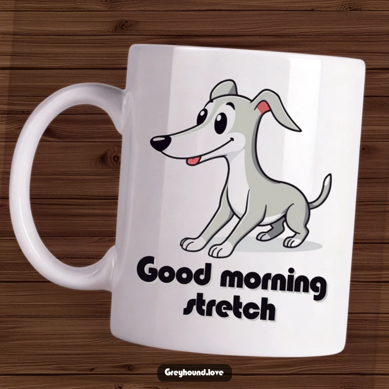 Funny Greyhound dog mug featuring a cute character elegantly stretching with a smile, embodying serenity and charm.