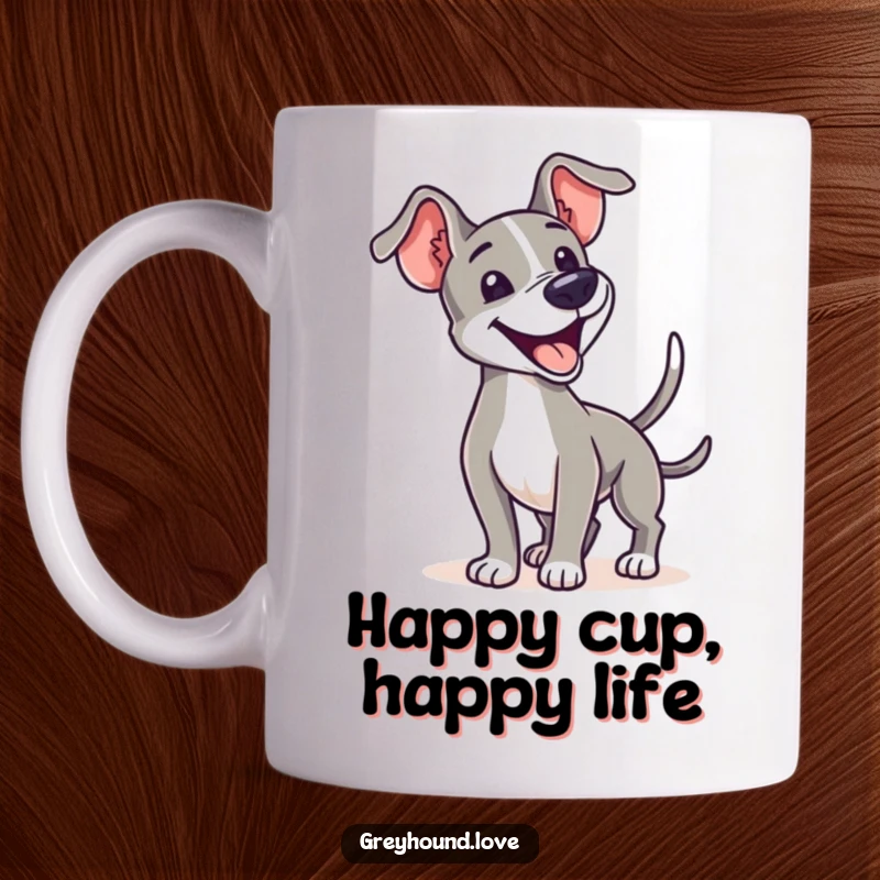 A joyful greyhound enthusiastically wagging its tail, captured on a cheerful coffee mug for dog lovers.