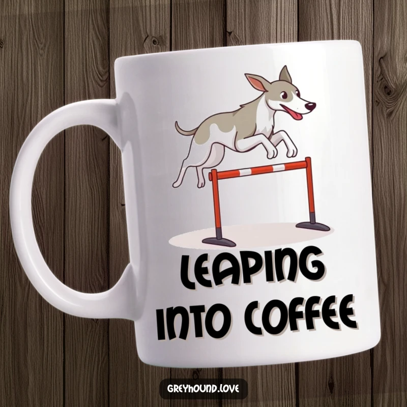 Funny Greyhound dog mug showing a stylized canine leaping over a delightful hurdle, embodying athleticism and playful determination.
