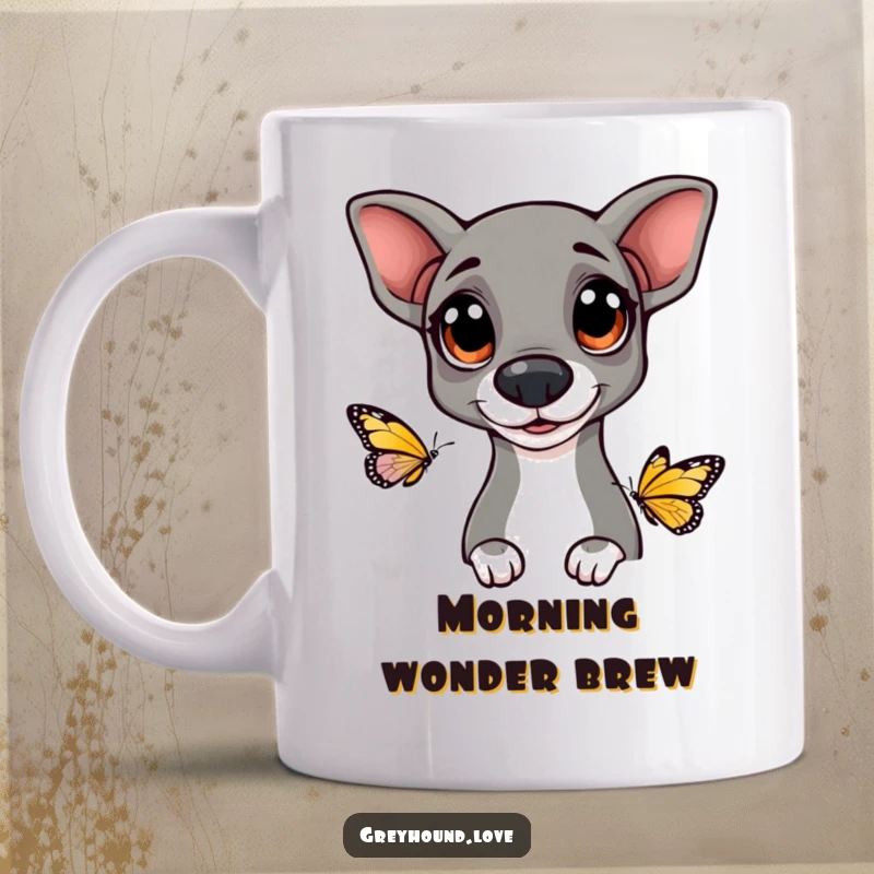 Funny Greyhound dog mug featuring big, happy eyes, showing a dog looking curiously at a butterfly, capturing innocent fascination.