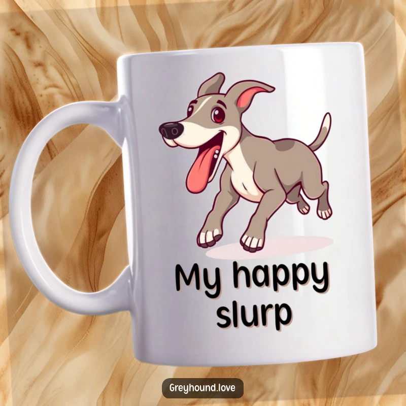 Funny mug featuring a happy greyhound lunging forward with its tongue out, showing pure playful excitement and energy.