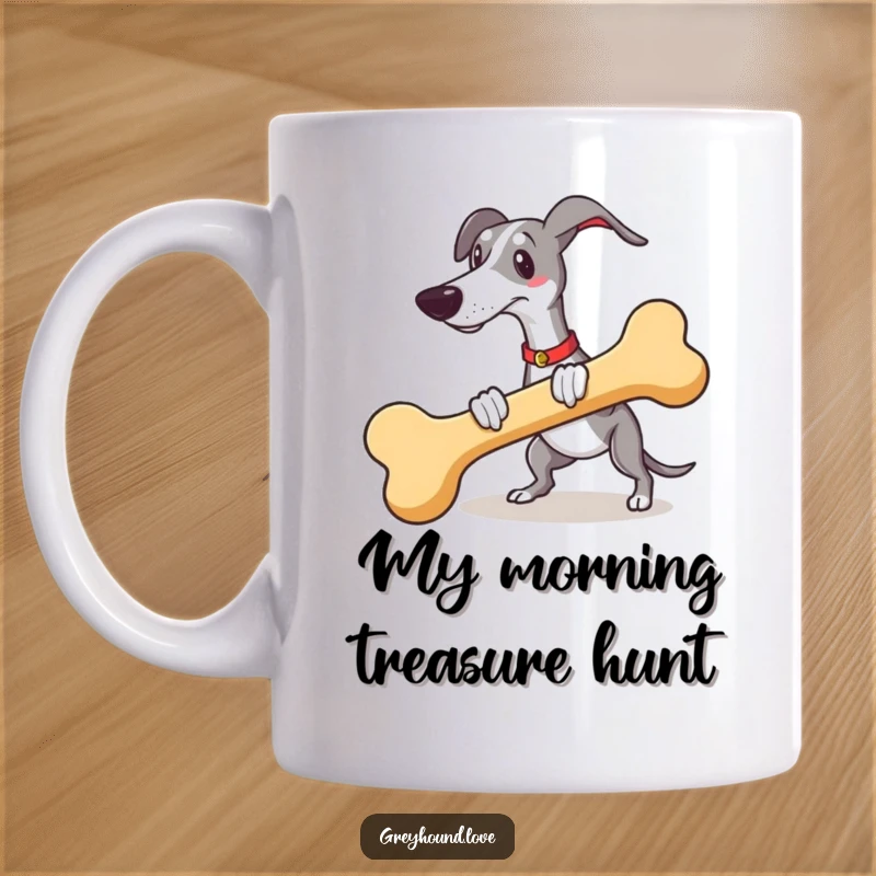 Funny greyhound character gleefully fetching a huge novelty bone, looking happy and energetic, great for dog lovers.