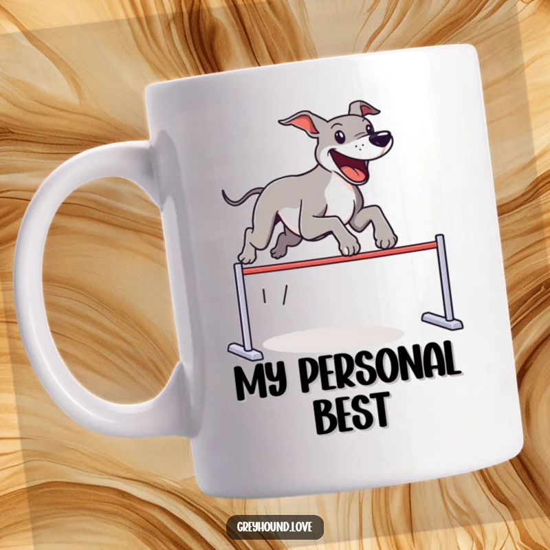 Funny Mug featuring a greyhound joyfully leaping over a tiny, imaginary hurdle with boundless energy and a happy expression.