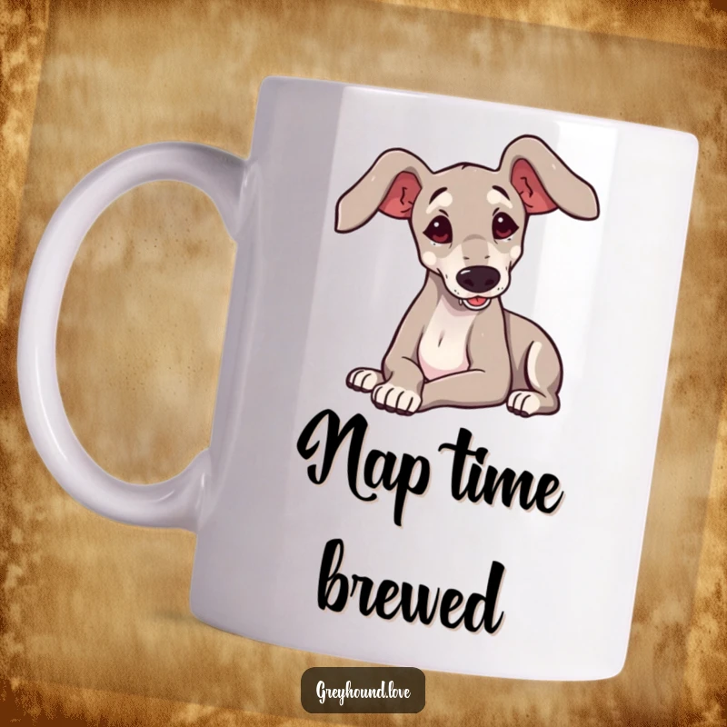 Funny cute greyhound with large ears playfully flopping onto its side, captured on a ceramic mug.