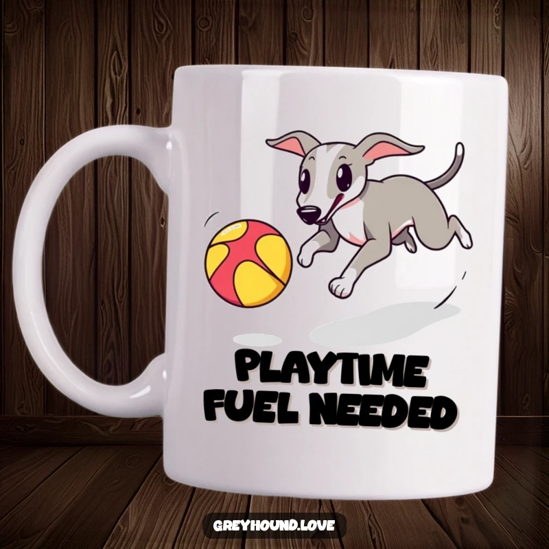 A playful greyhound in pursuit of a colorful bouncing ball, captured on a dynamic coffee mug.