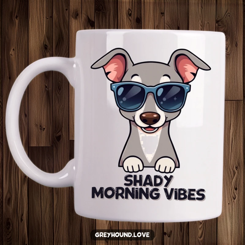 Funny mug showcasing a greyhound wearing oversized sunglasses and giving a confident, cool wink, exuding suave charm.