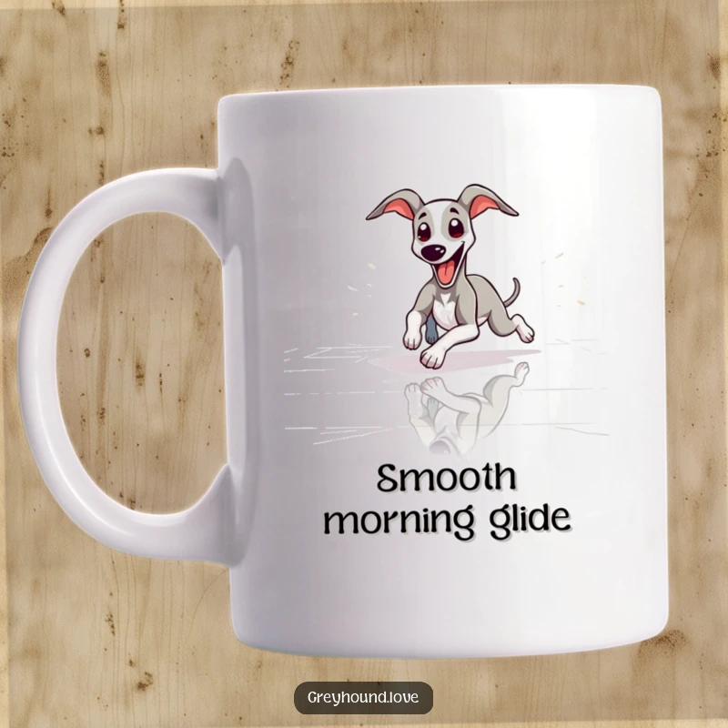 Funny slender greyhound playfully slides across a polished floor with its tongue sticking out, showcasing pure joy, perfect gift.