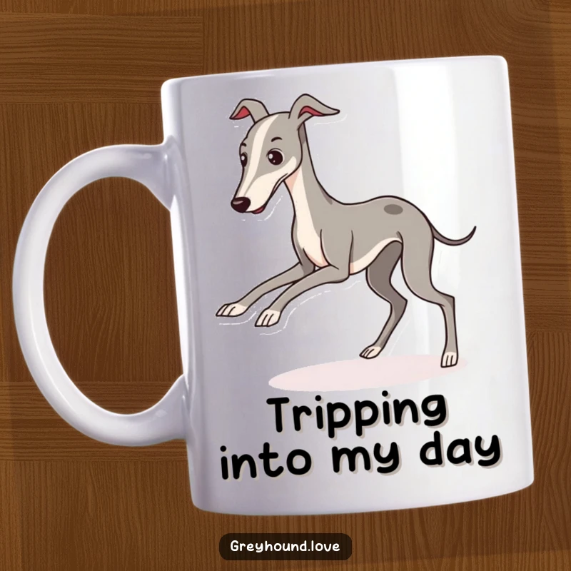 A sleek, kawaii greyhound character comically tripping over its own long legs on a ceramic mug.