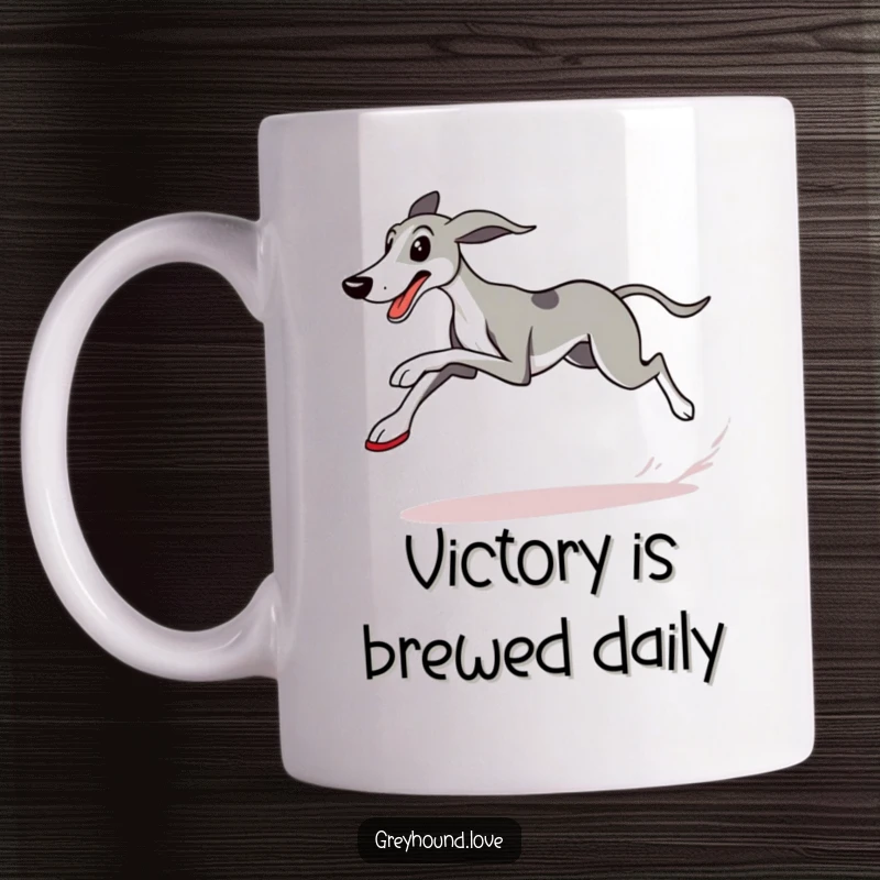 Funny Greyhound Mug featuring a determined dog in running shoes, crossing a checkered flag with speed and a winning spirit.