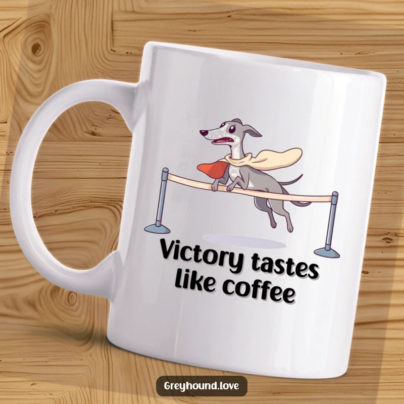 Funny superhero greyhound cape triumphantly crossing finish line, celebrating a win with speed and joy.