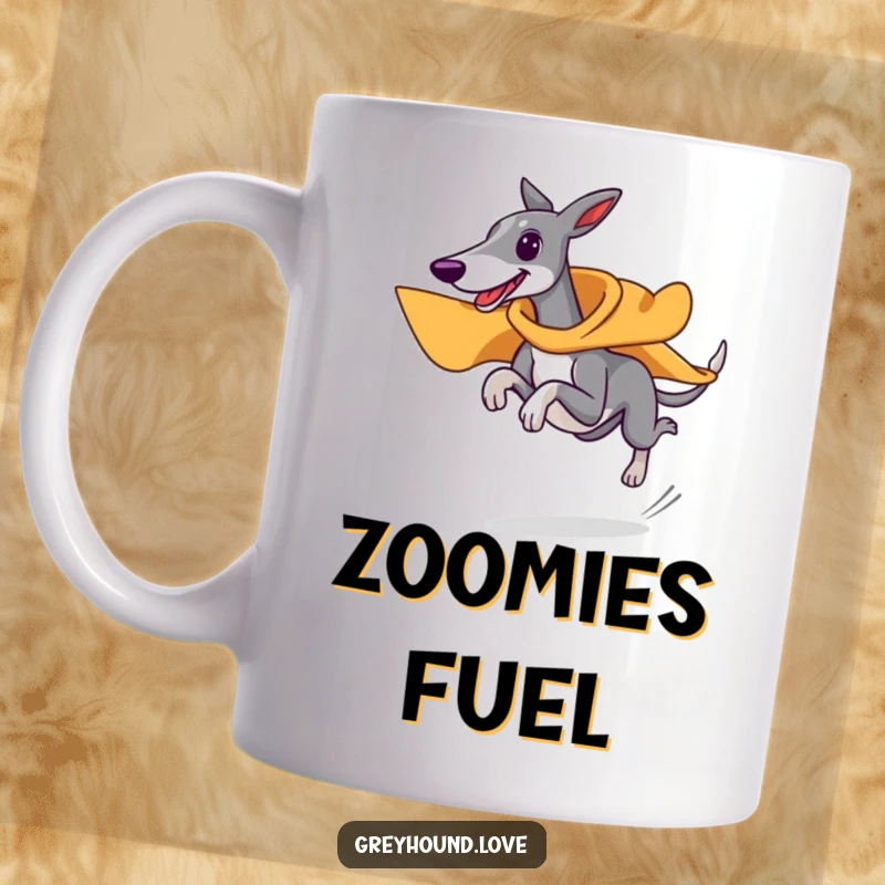 Funny superhero greyhound mug, wearing a tiny cape, running at top speed, heroic and comical dog design, perfect funny gift.