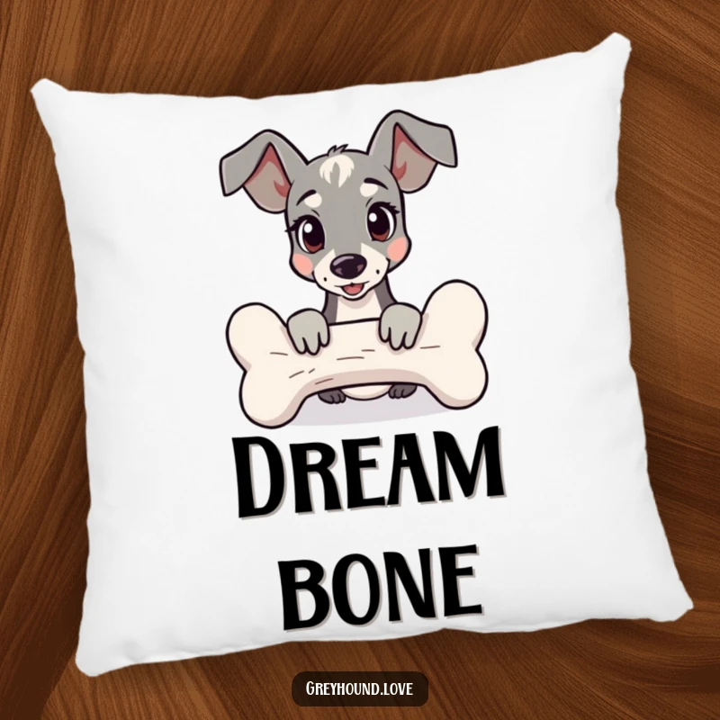 Funny Pillow with a curious greyhound character peeking from behind a giant bone, offering comfort and a playful surprise.