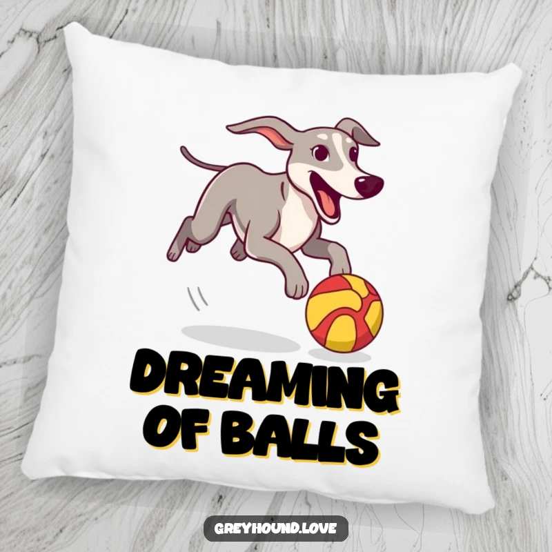 Funny Pillow featuring a greyhound energetically chasing a colorful, stylized ball, adding comfort and playful decor.