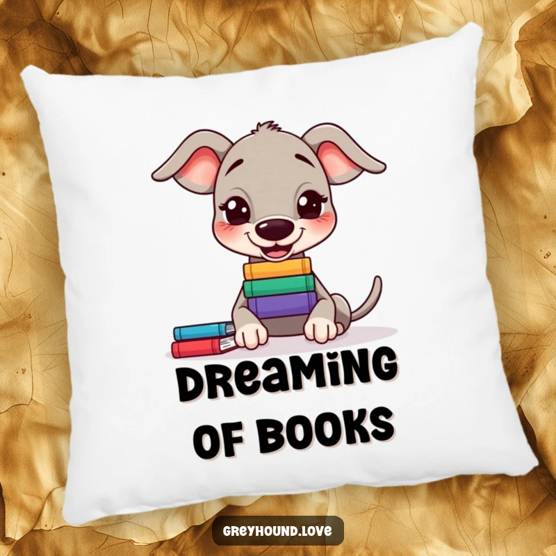 Funny Greyhound Pillow: A plush pillow showing a greyhound balancing a stack of books on its nose.