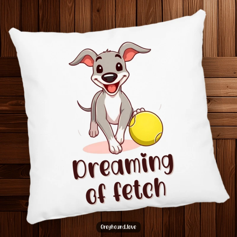 Funny greyhound pillow with a dog's comical grin, chasing a tennis ball, offering comfort and playful canine cheer.