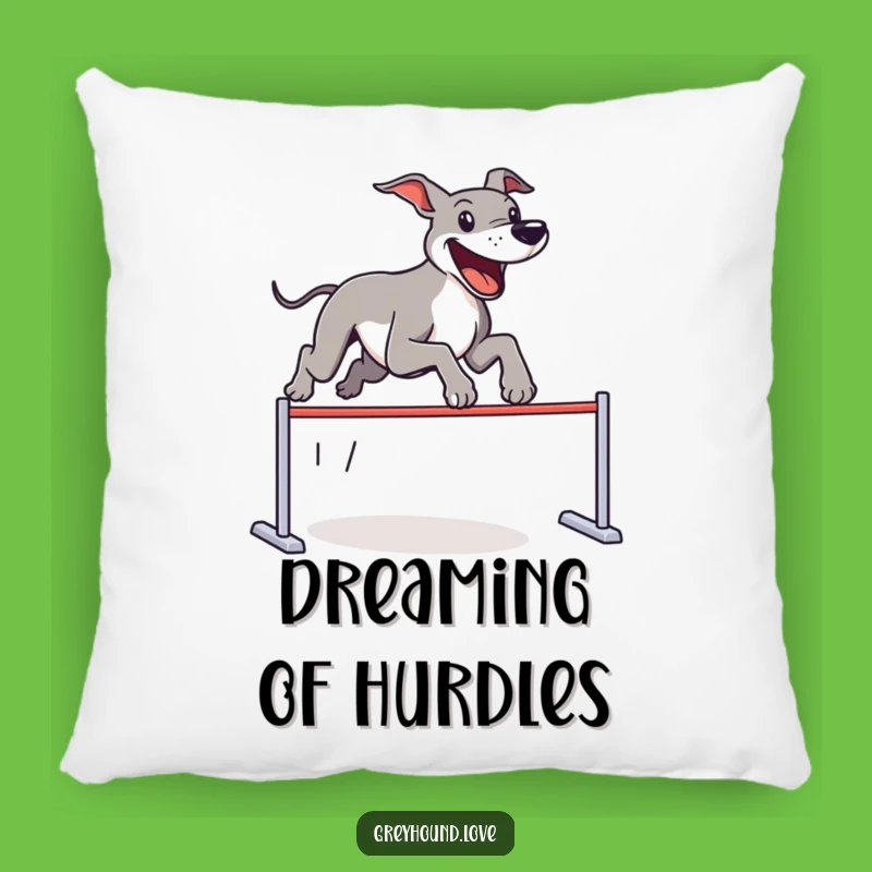 Funny Greyhound Pillow: Cozy Comfort with a Joyous Dog Leaping Hurdles
