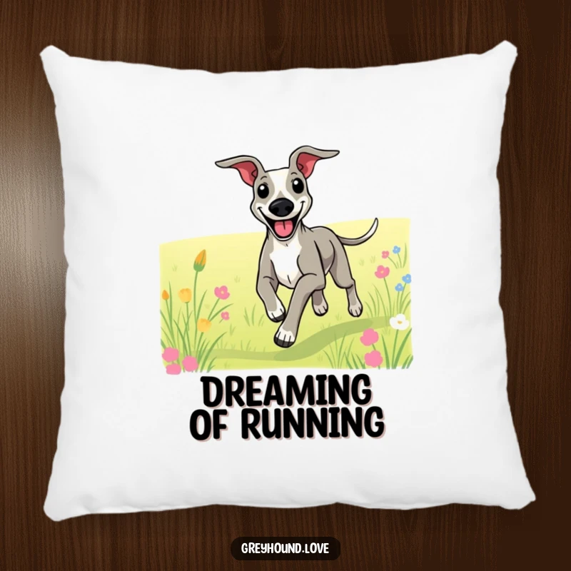Funny pillow showing a greyhound with a wide smile, joyfully running through a field, offering comfort and humor.