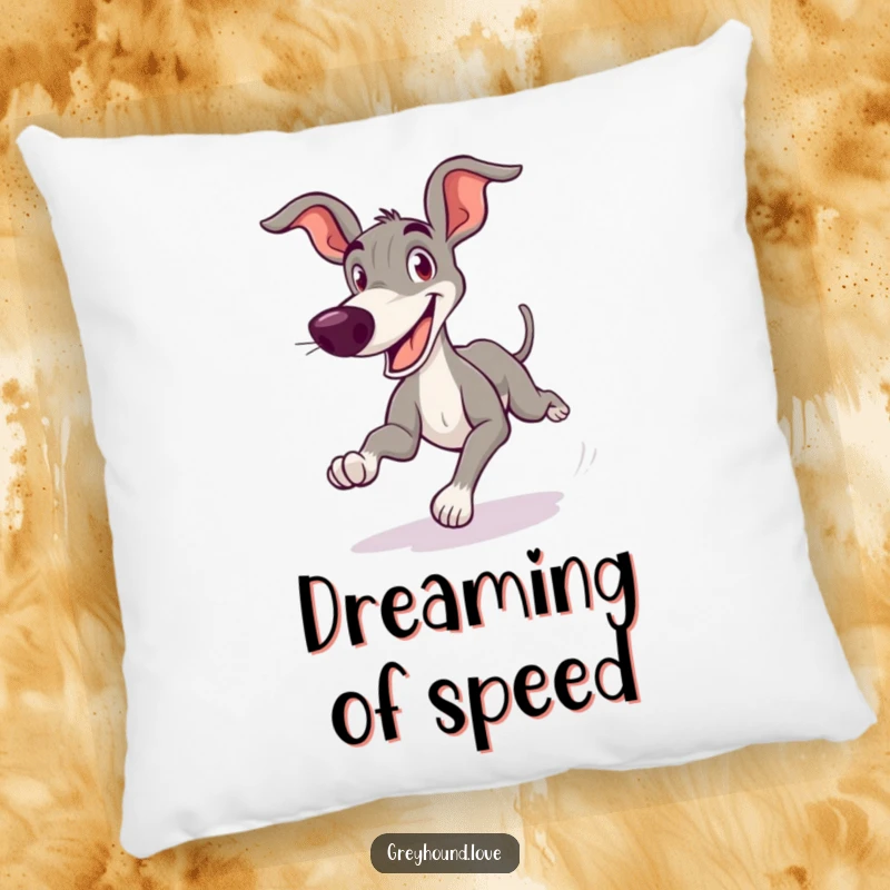 Funny Greyhound Pillow showcasing a cartoonish dog zooming with a big, goofy grin, adding playful comfort and humor.