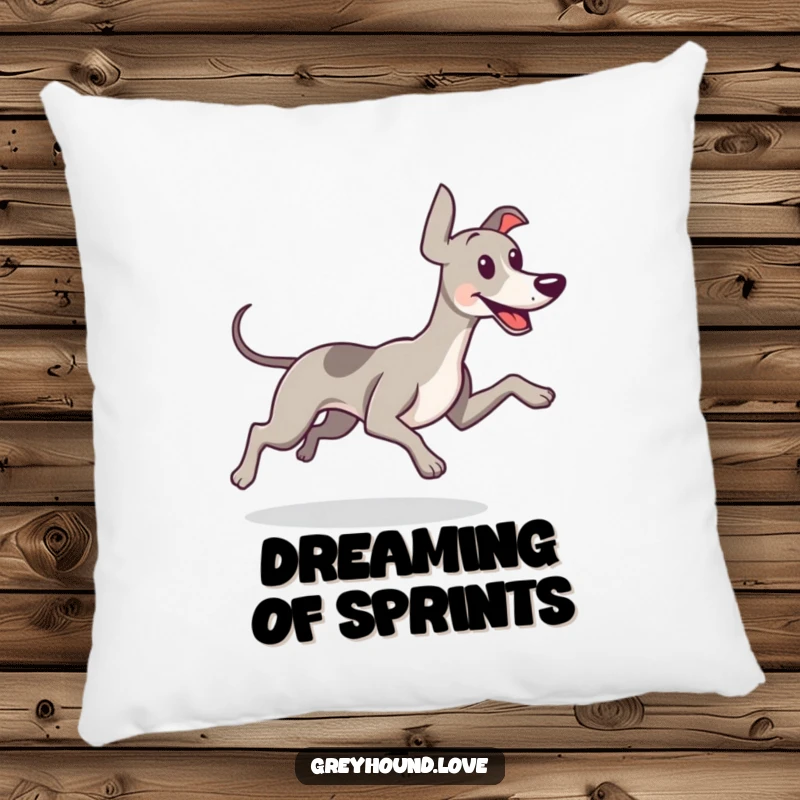 Funny pillow featuring a greyhound running enthusiastically, its tail wagging with pure joy and radiating positive energy.