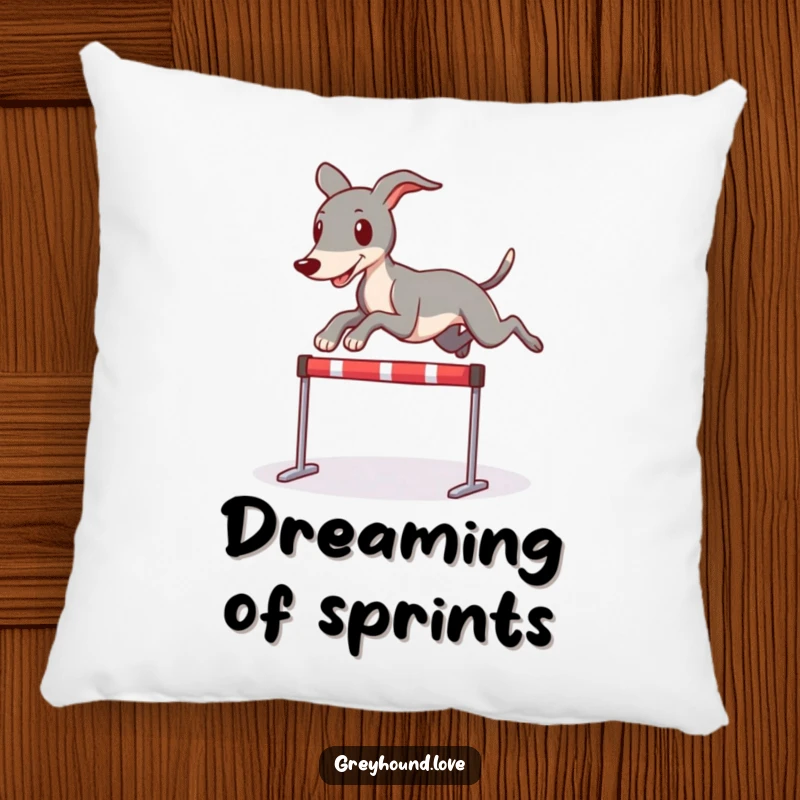 Funny decorative pillow featuring a greyhound character playfully leaping over a tiny hurdle, offering comfort and a touch of sportiness.