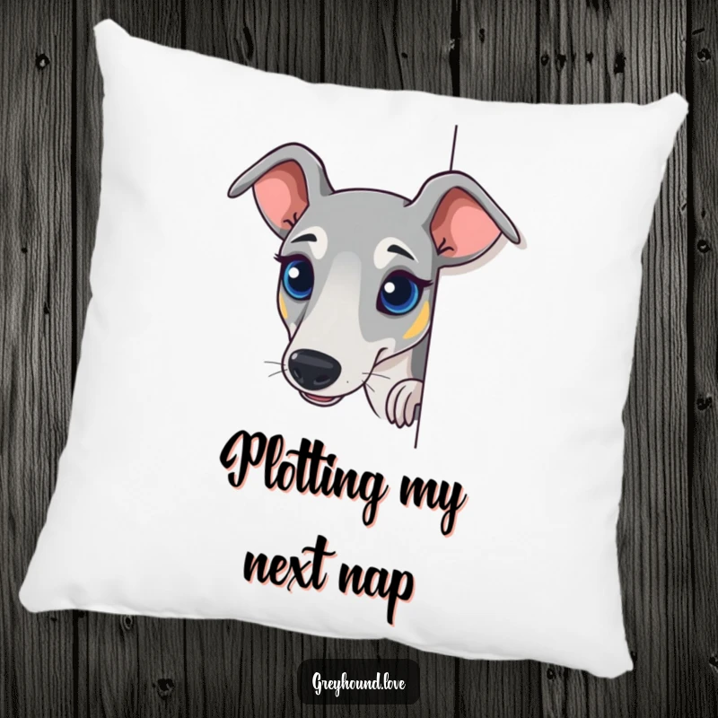 Funny Greyhound Pillow with a dog peeking around a corner, its bright eyes conveying curiosity and humor.