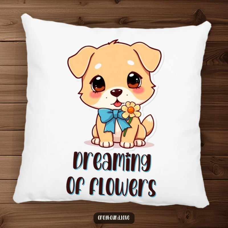 Funny Dog Pillow: A dog with a festive ribbon around its neck, peacefully sniffing a flower, adding a touch of nature's calm.