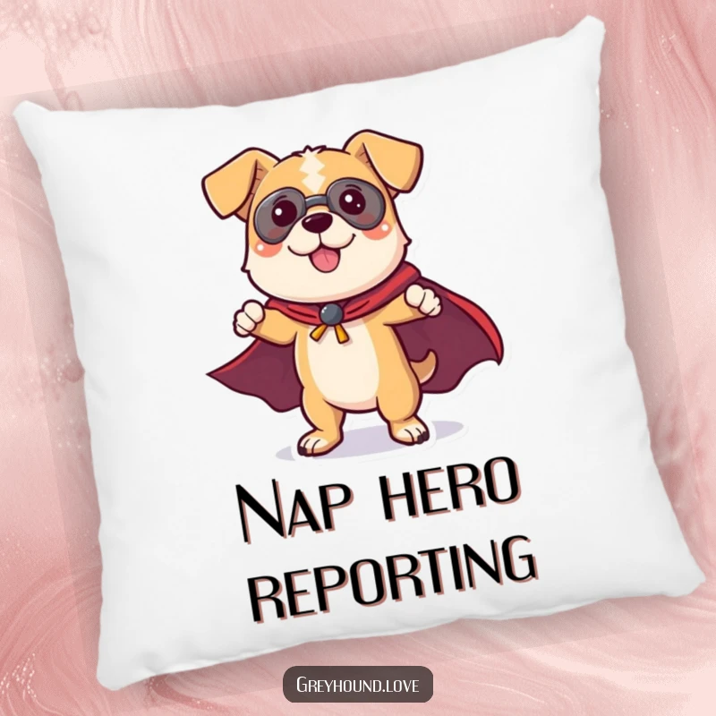 Funny Dog Pillow: A dog wearing a small cape strikes a superhero pose, ready to bring comfort and a heroic spirit.