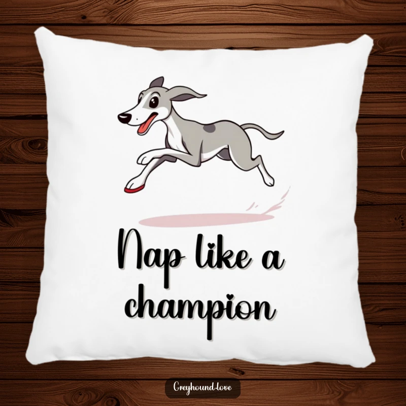 Funny Greyhound Pillow featuring a determined dog in running shoes, crossing a checkered flag, offering a humorous and comfortable accent.