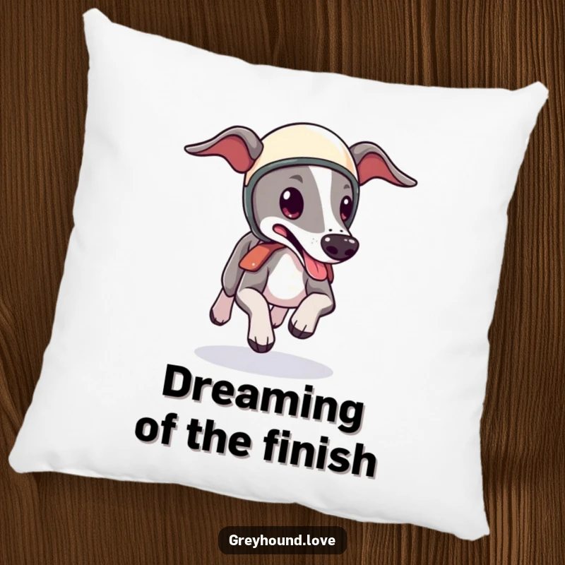 Funny Greyhound Helmet Pillow: A sweet greyhound in a tiny helmet zooms forward, tongue lolling, adding a touch of cute humor to any room.