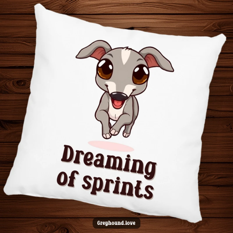 Funny pillow designed with a greyhound's joyful run and oversized, expressive eyes, offering soft comfort and a touch of canine elegance.
