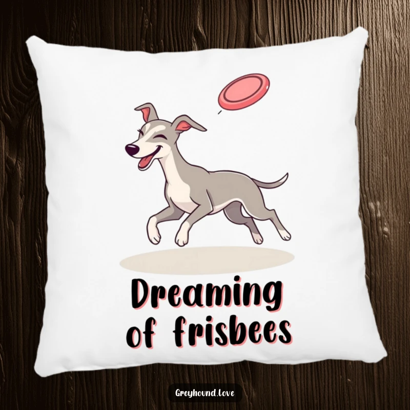 Funny PILLOW: A greyhound winks playfully while catching a flying frisbee mid-air, bringing soft humor to any space.