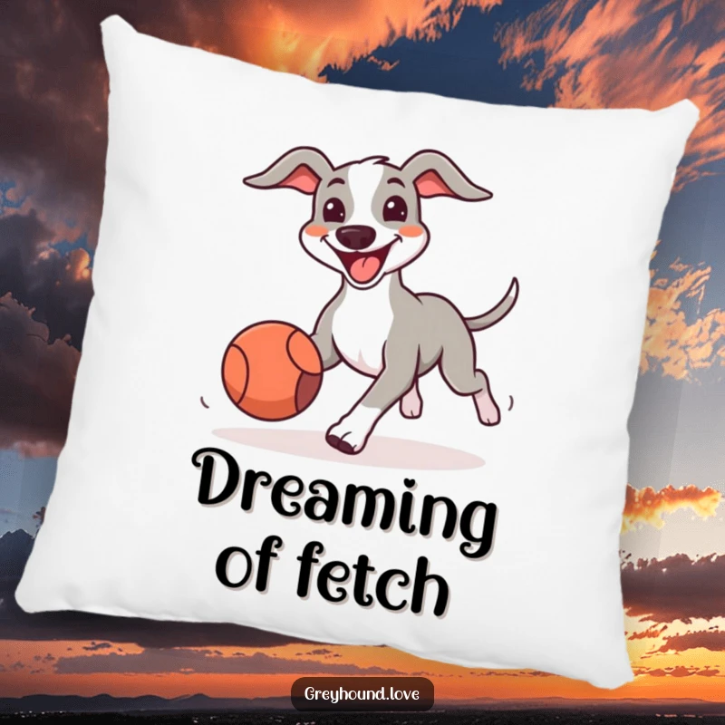 Funny Greyhound Pillow featuring a big-smiling dog excitedly chasing a bouncing ball, bringing humorous comfort to any room.